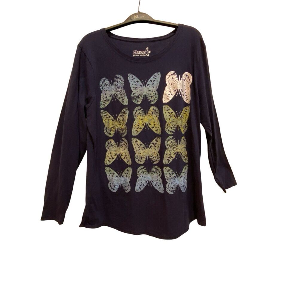 HANES Butterfly Bling Graphic Gold Glitter Butterfly Long Sleeve Women Jersey XL